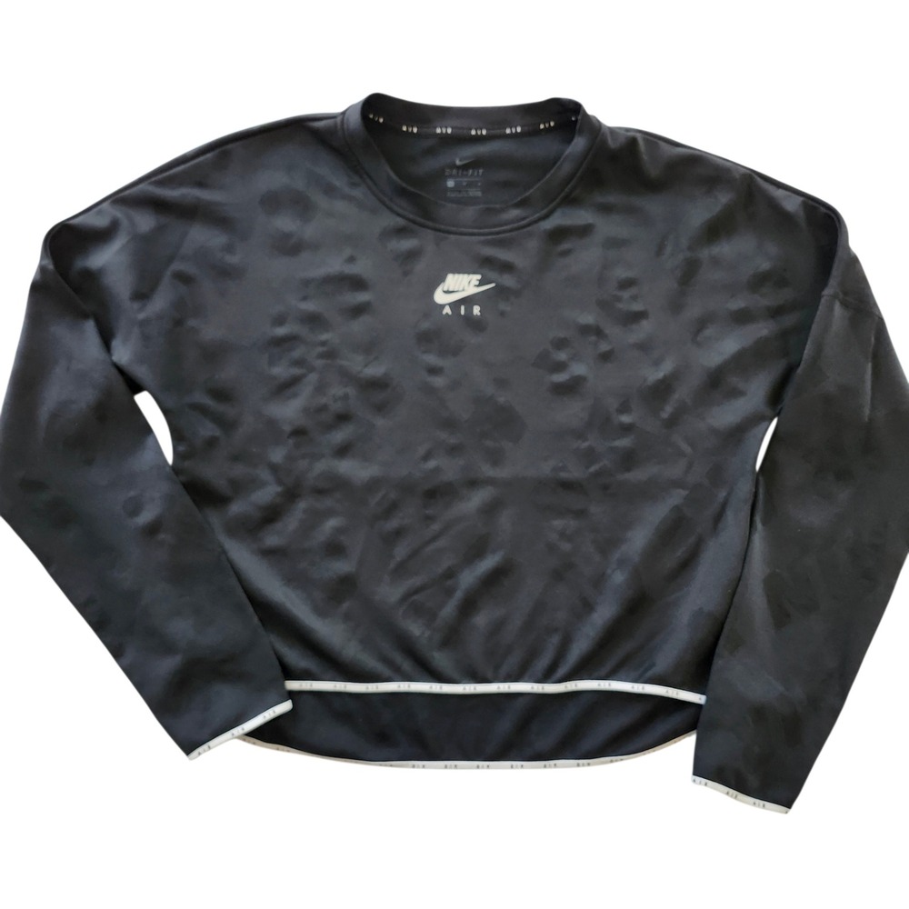 Nike Air Dri-FIT Women Black Jacquard Logo Long Sleeve Cropped Running Top Med - Picture 2 of 8